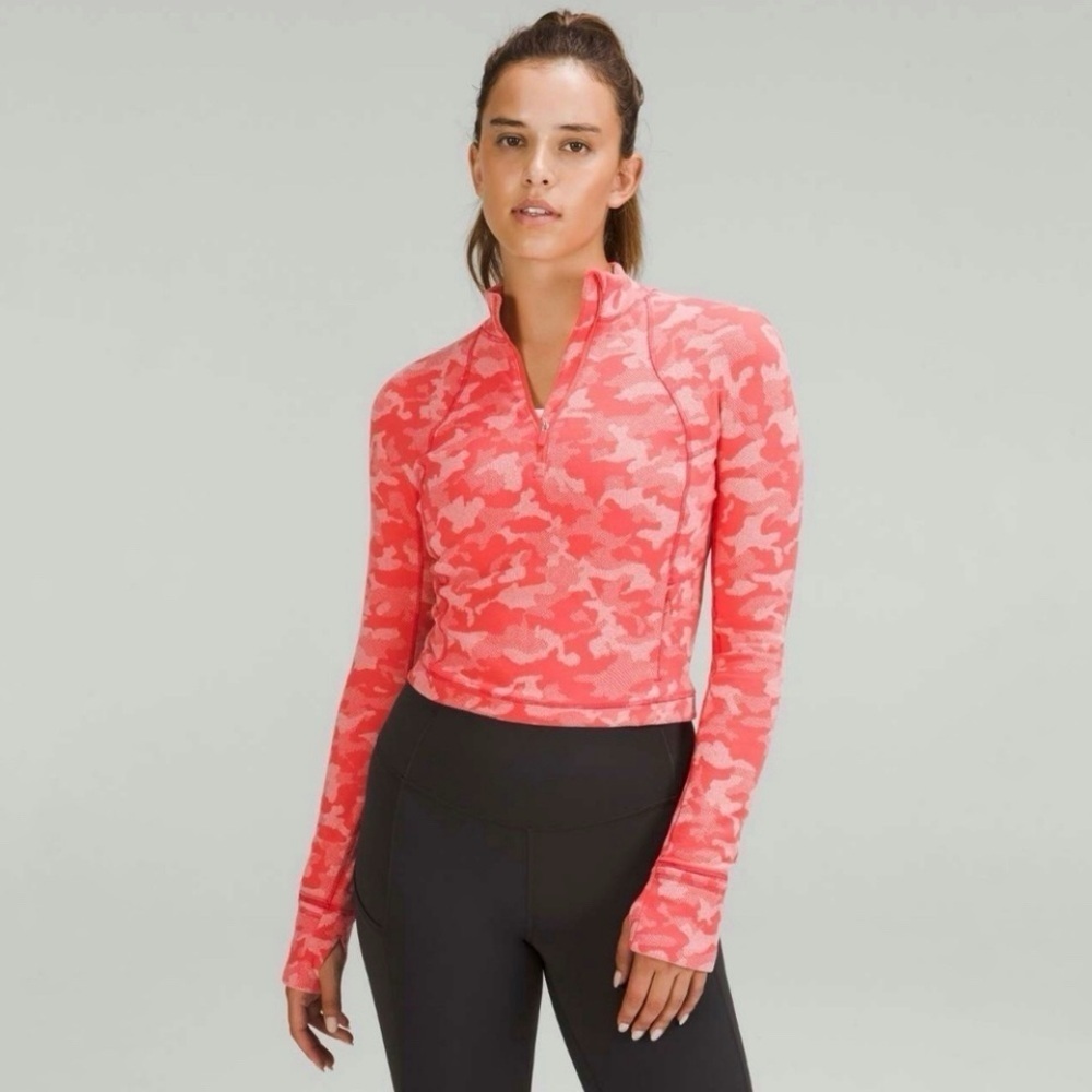 Lululemon Its Rulu Run Cropped Half Zip Heritage Camo Jacquard Raspberry Pink 0